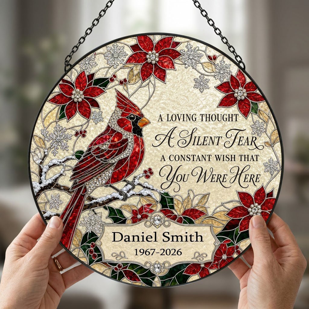 Personalized Red Cardinal Poinsettia A Silent Tear Memorial Stained Glass Round Suncatcher