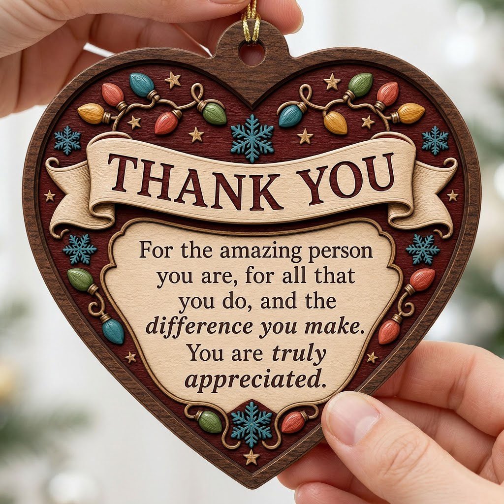 Heart-shaped wood ornament with THANK YOU message, string lights, snowflakes and stars on a burgundy background.