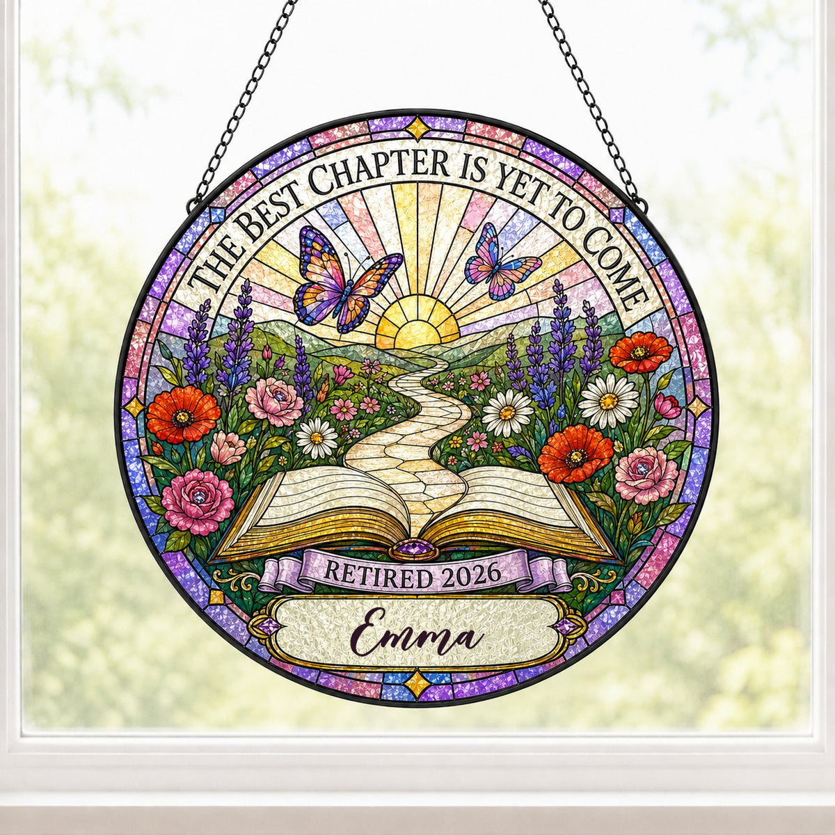 Personalized Retirement Open Book Pathway The Best Chapter Is Yet To Come Stained Glass Round Suncatcher