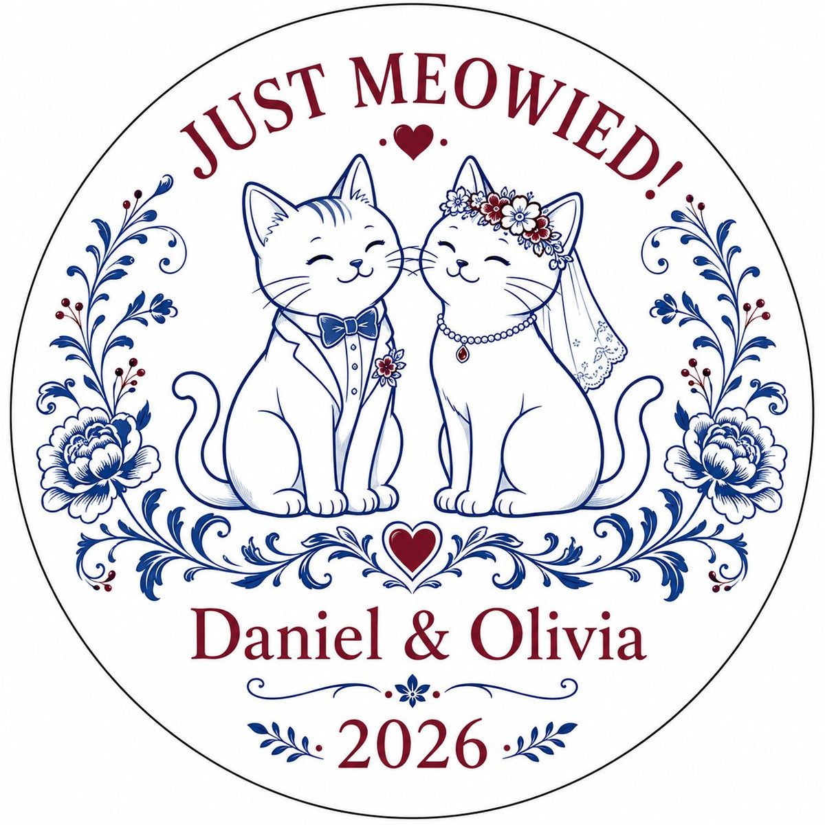 Round ceramic ornament with two wedding cats, 'JUST MEOWIED!', names and year with blue and red folk floral accents
