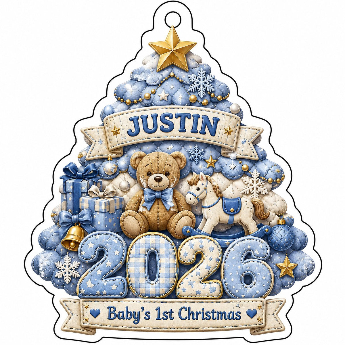 Acrylic tree ornament with teddy bear, rocking horse, Baby's 1st Christmas and quilted year in blue and gold.