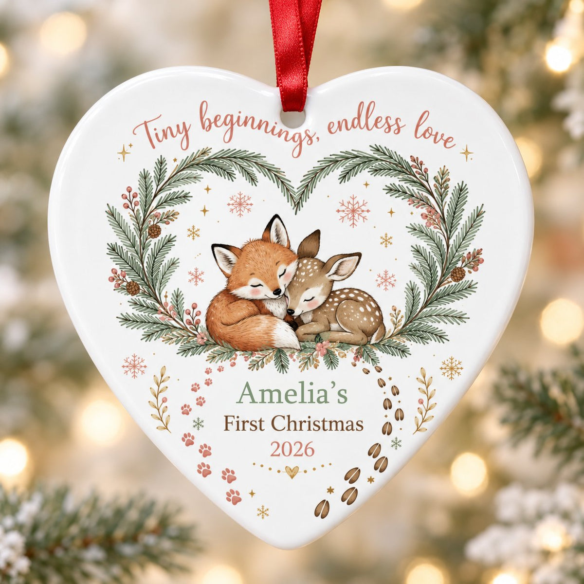 Heart ceramic ornament with sleeping baby fox and fawn in an evergreen wreath with berries and snowflakes.