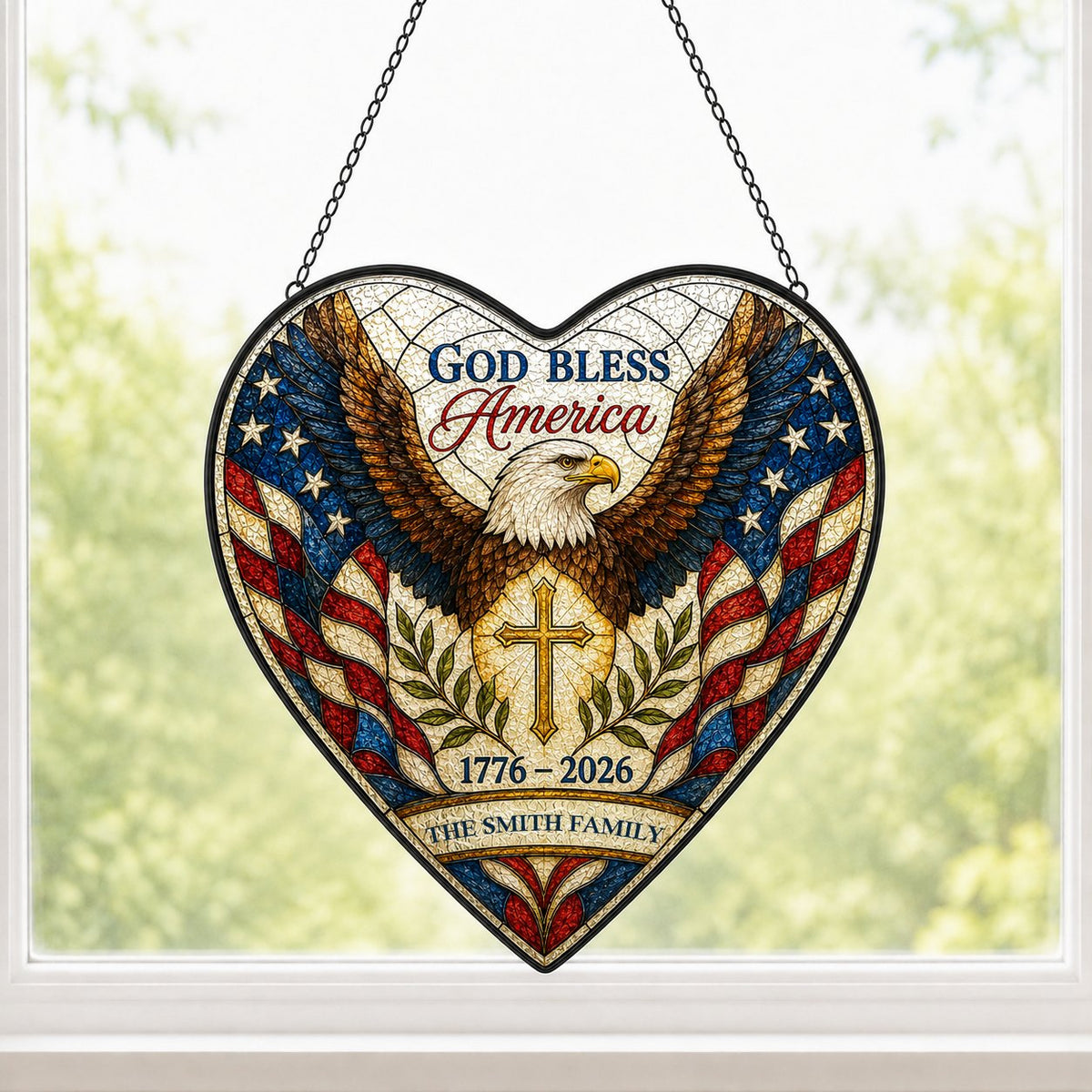 Heart-shaped stained glass suncatcher with a bald eagle over a golden cross and American flag border.