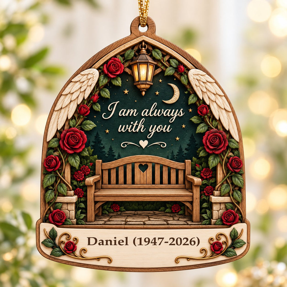 Arch-shaped wood ornament with bench, red roses, angel wings, lantern, and "I am always with you" quote.
