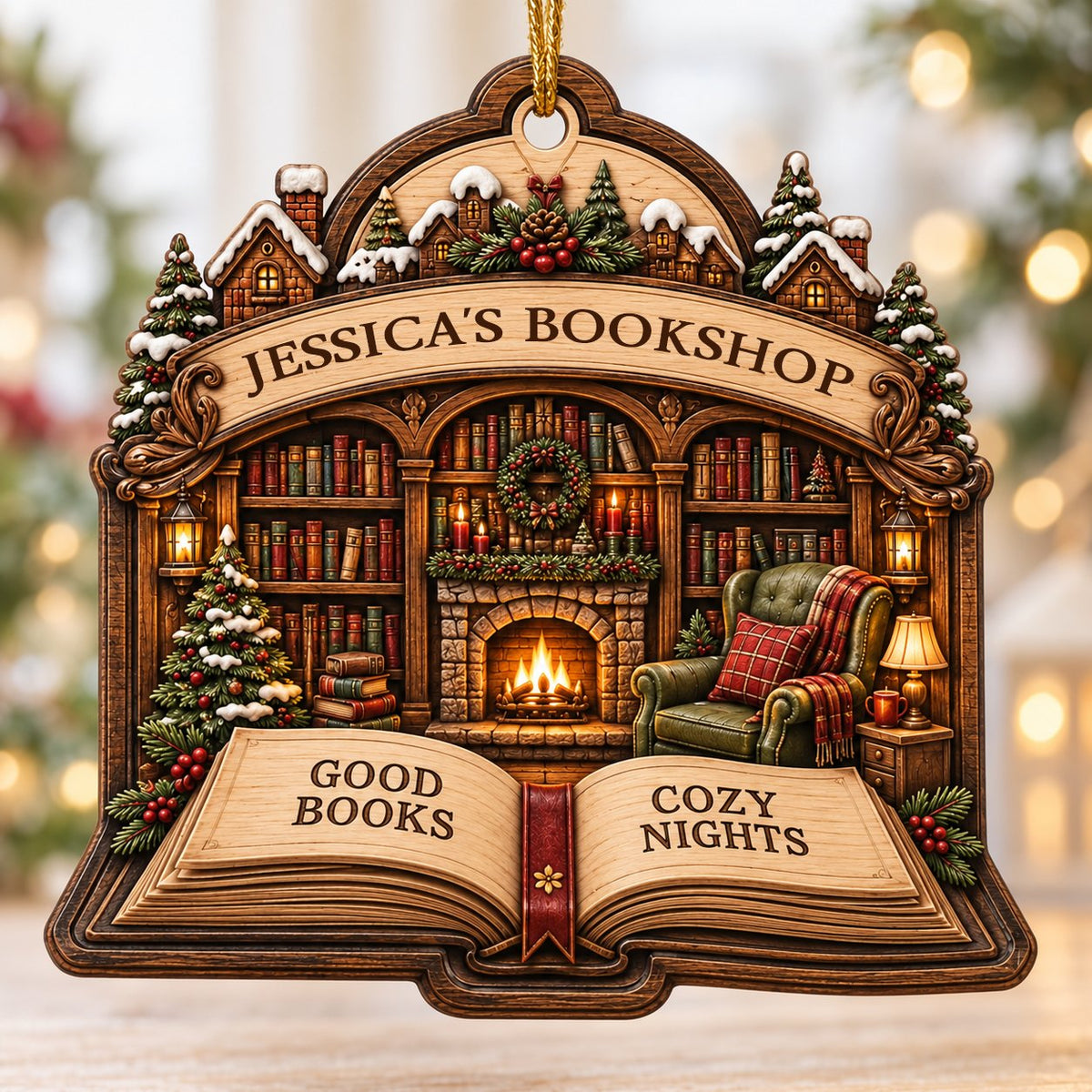 Custom-cut wood ornament with arched loop and open book base, cozy bookshop scene with tree, fireplace, armchair.