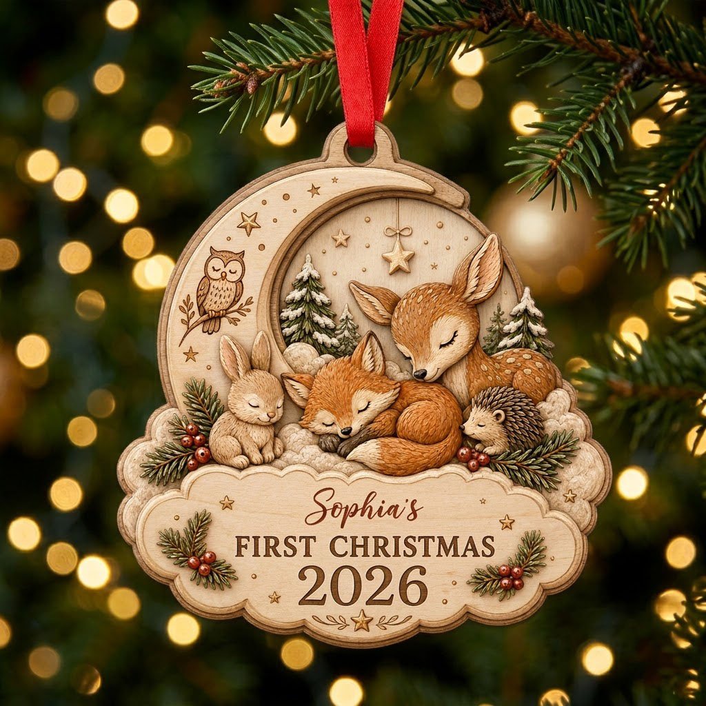 Personalized Woodland Animals Baby's First Christmas Wood Ornament, Custom Keepsake