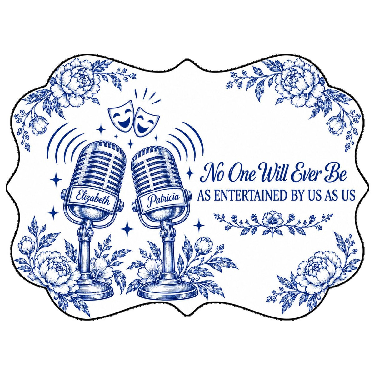 White ceramic ornament with cobalt blue vintage microphones, comedy and tragedy masks, stars and florals with two names.