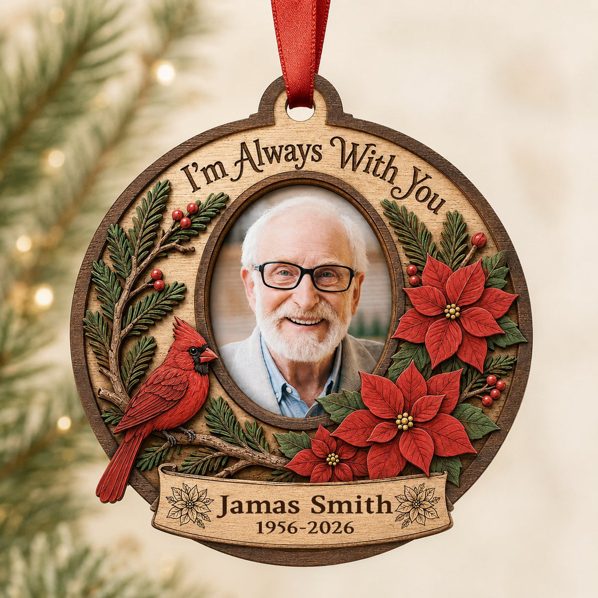 Bauble-shaped wood ornament with oval photo frame, red cardinal, pine, berries, and poinsettias with ribbon banner