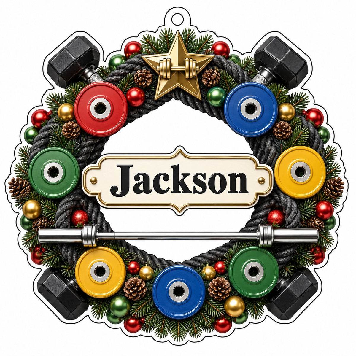 Acrylic ornament shaped around a gym wreath with dumbbells, bumper plates, barbell, and a name banner.
