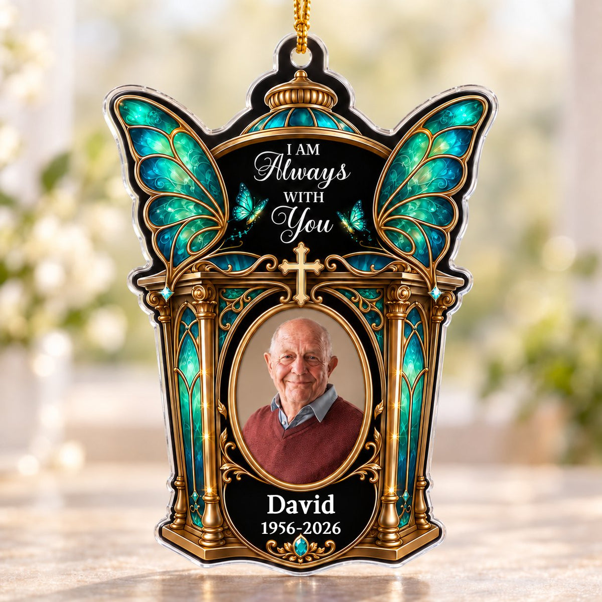 Clear acrylic ornament with winged shrine, teal butterfly wings, cross, oval photo, and 'I AM Always WITH You'.