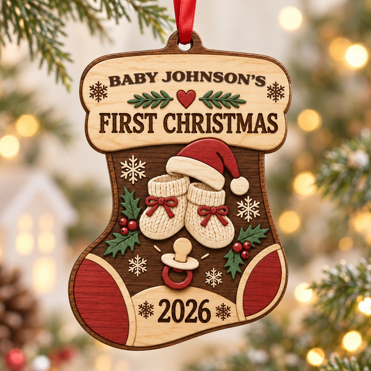 Stocking-shaped wood ornament with baby booties, Santa hat, holly, snowflakes, and FIRST CHRISTMAS text.