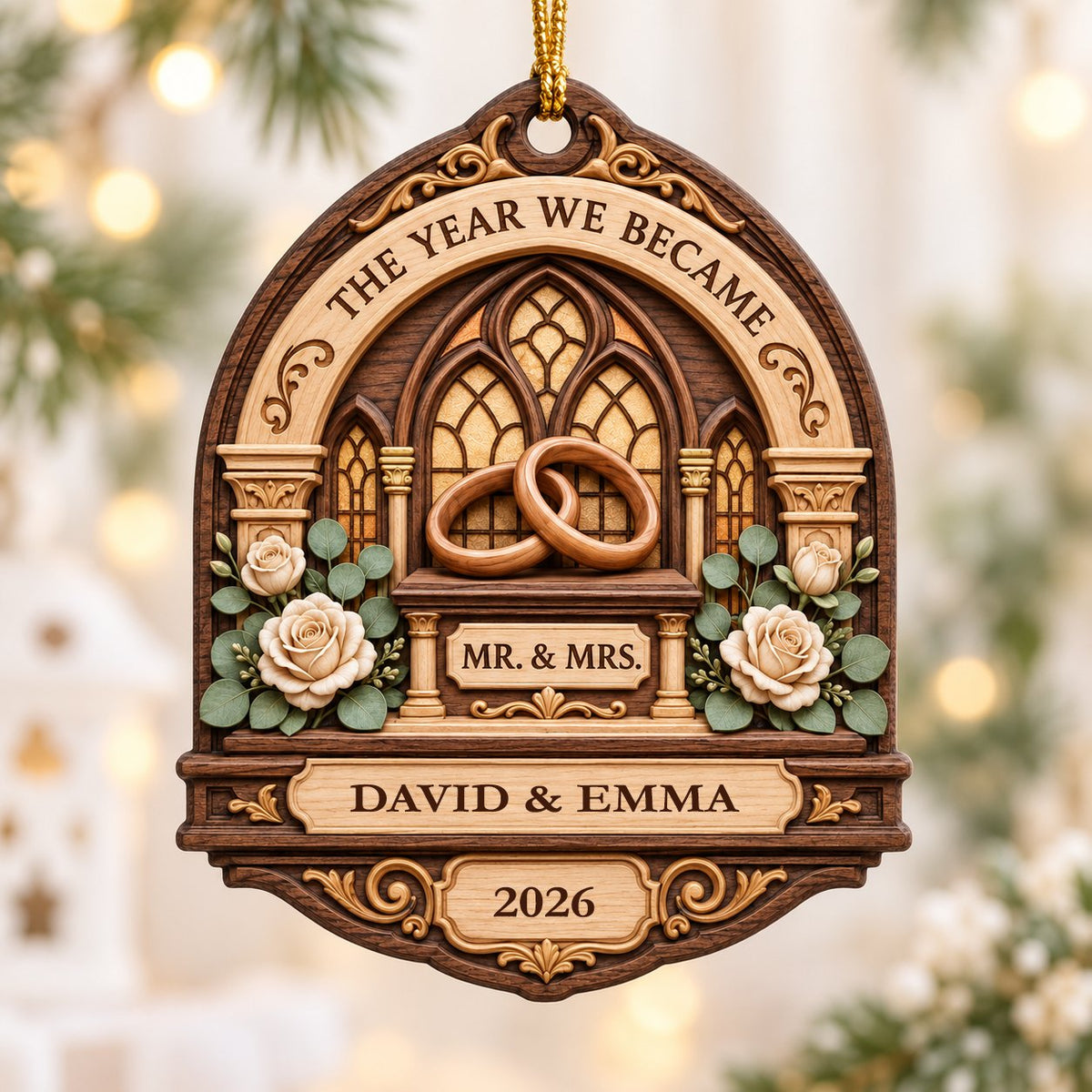 Arch-shaped wood ornament with window frame, wedding rings, roses, personalized with names and year.