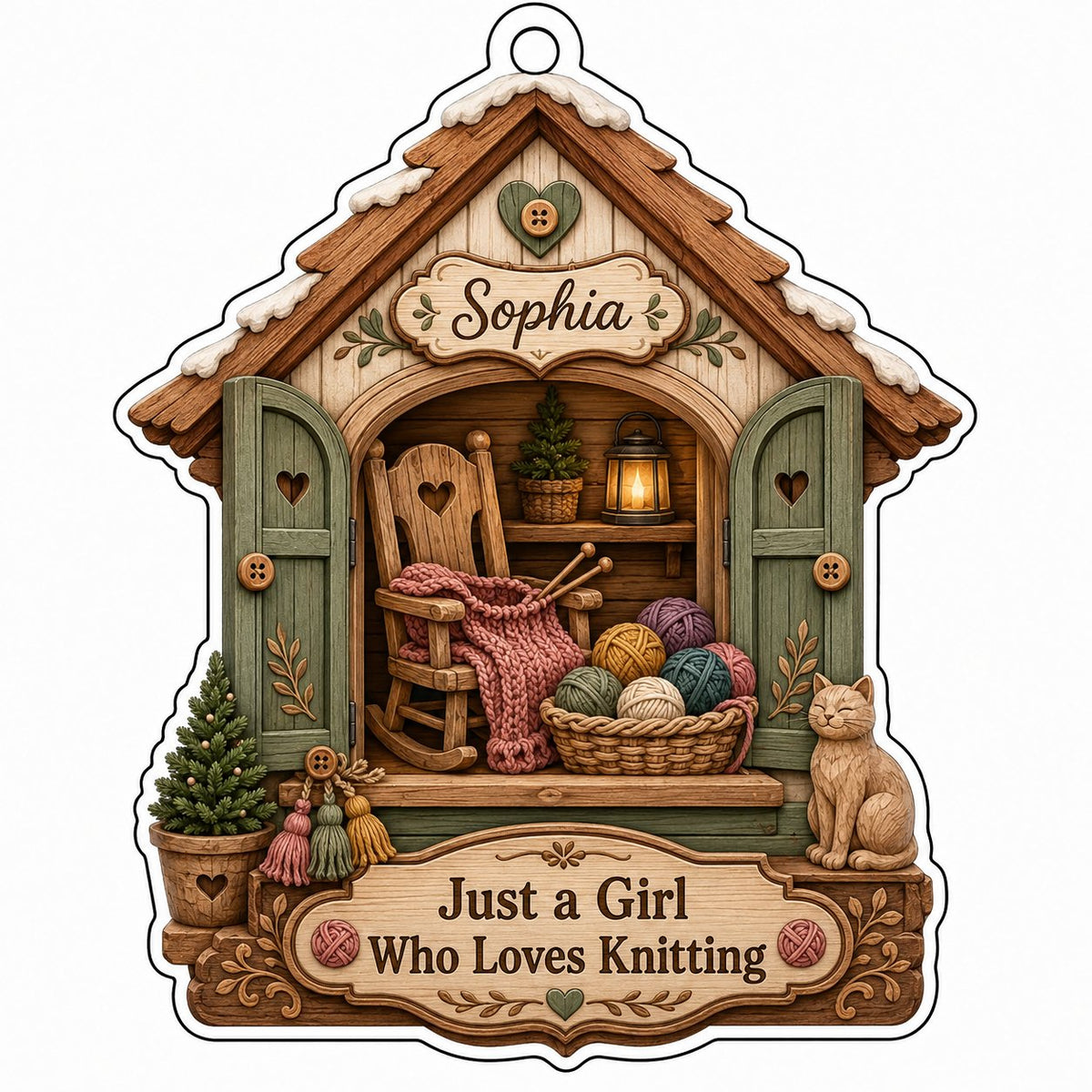 House-shaped acrylic ornament with cozy knitting shed scene and 'Just a Girl Who Loves Knitting' text.