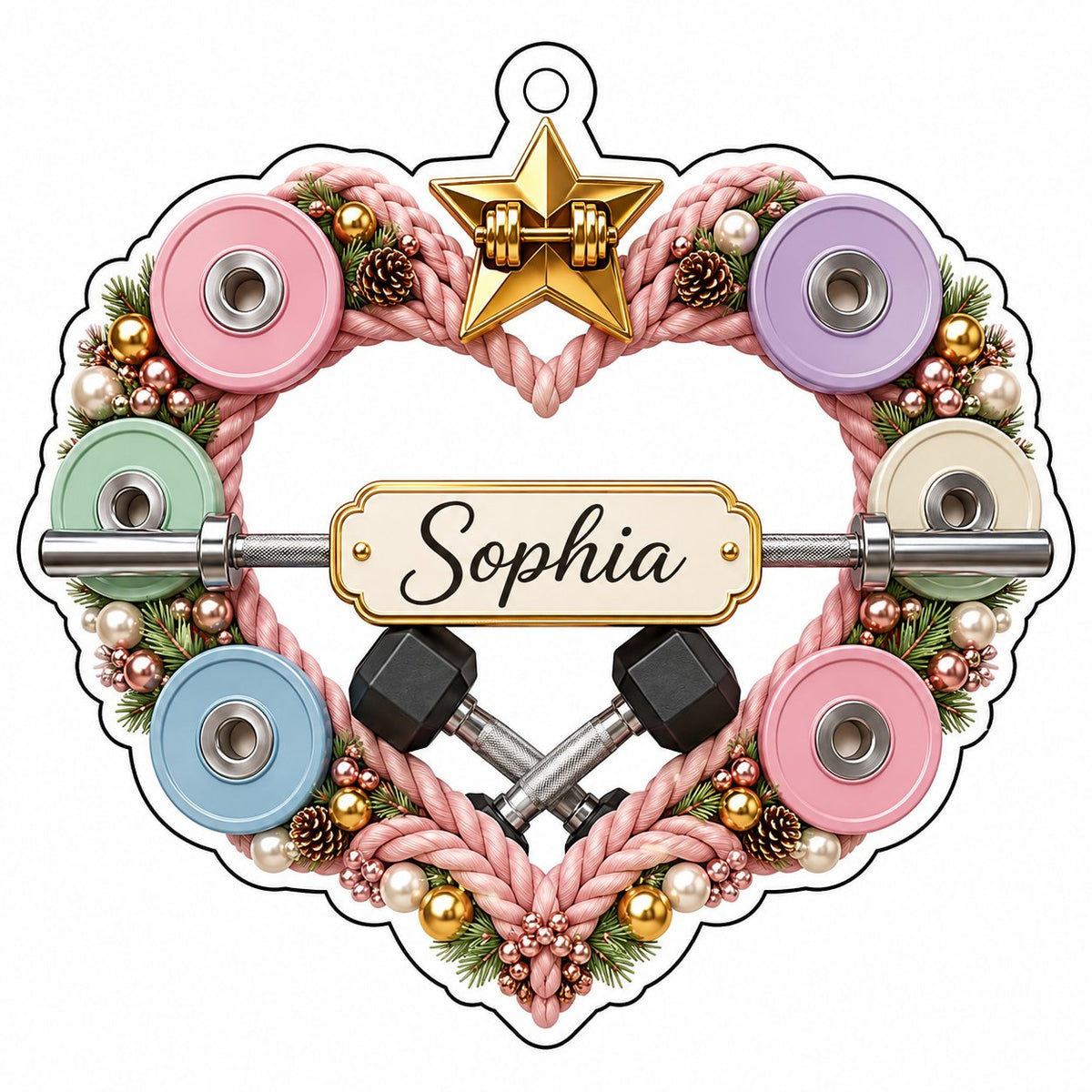 Clear acrylic heart ornament with pink rope wreath, pastel plates, barbell, crossed dumbbells, and a name plaque.