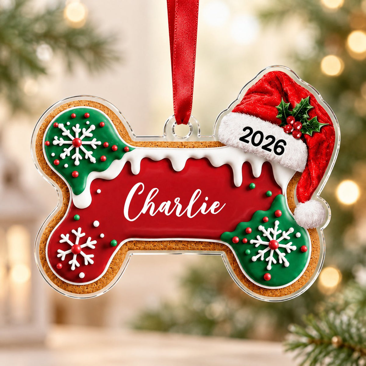 Acrylic ornament shaped like a gingerbread dog bone with Santa hat, white icing, snowflakes, and red-green sprinkles.