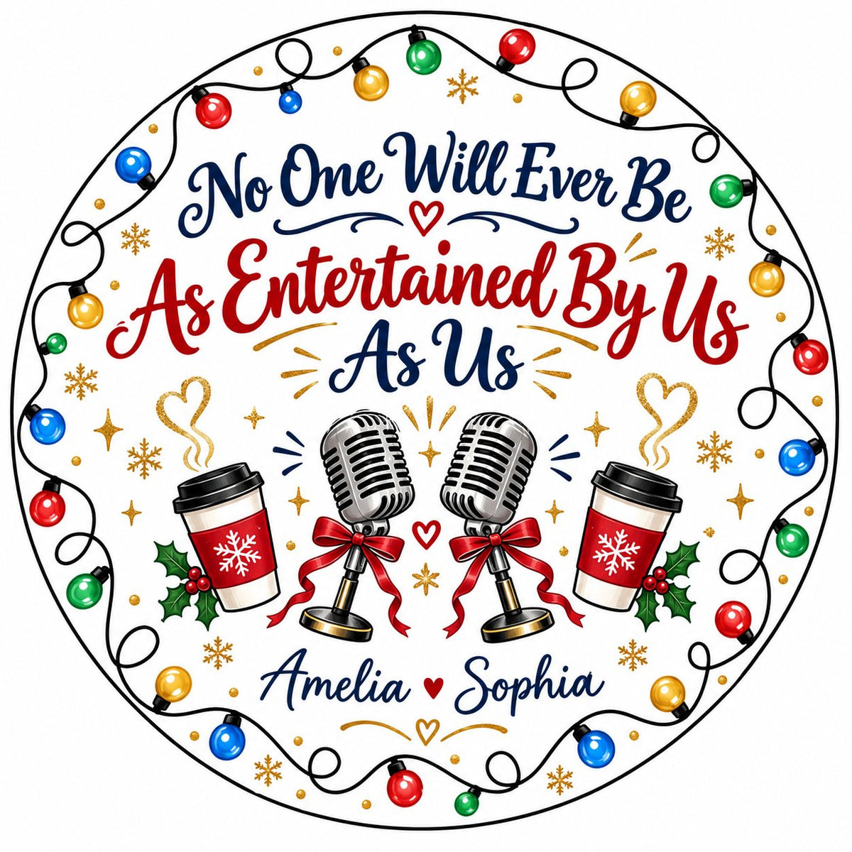 Round ceramic ornament with lights border, two microphones with red bows, and two coffee cups with heart steam.