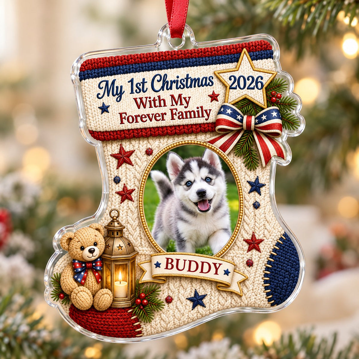 Stocking-shaped acrylic ornament with faux-knit design, pet photo oval, teddy bear, lantern and patriotic bow.