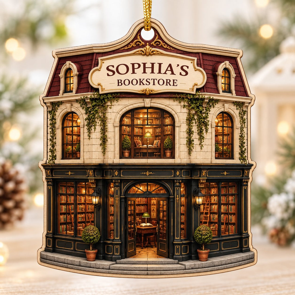 Custom-cut ornament shaped like a vintage bookstore with green and gold storefront and 'BOOKSTORE' text personalized abo