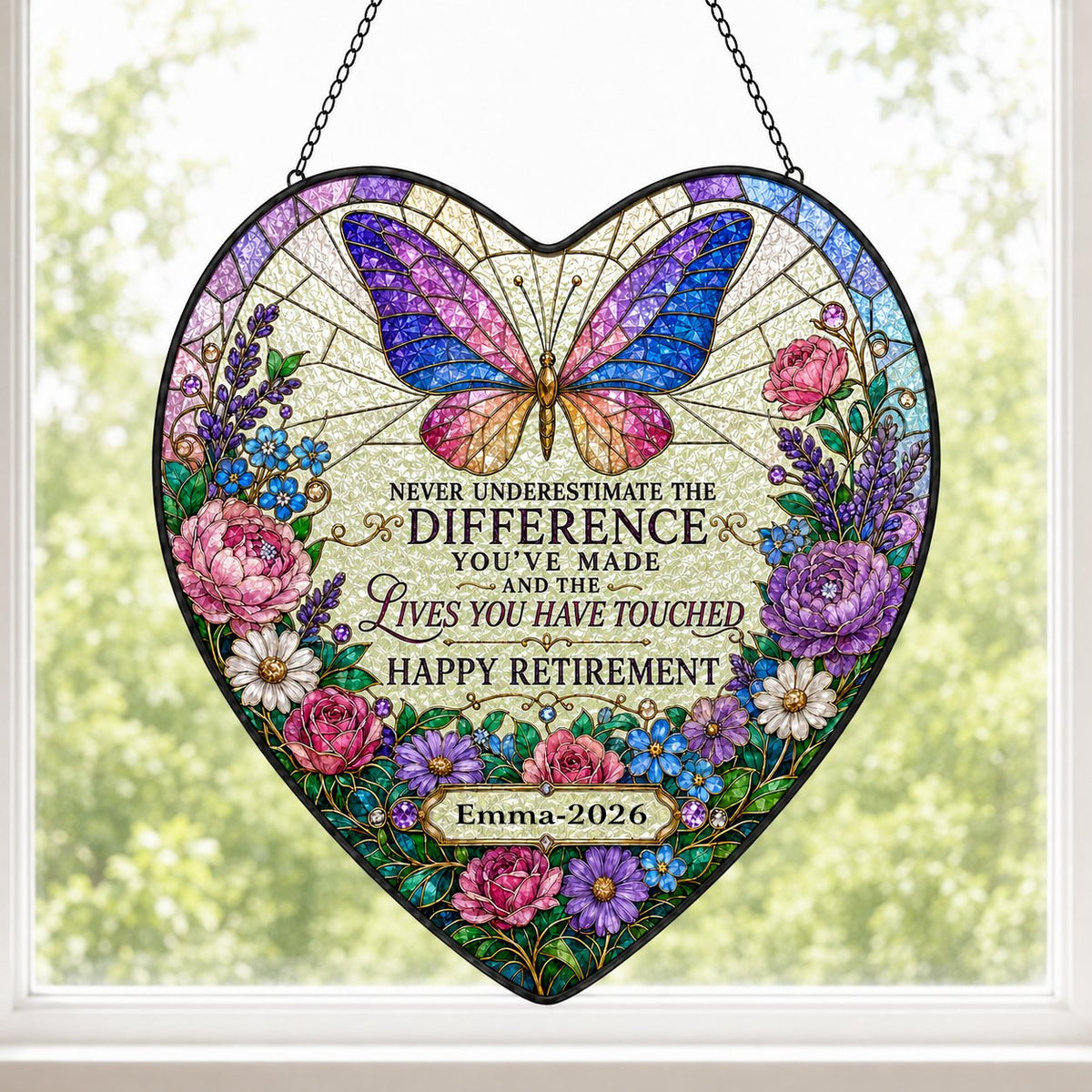 Personalized Butterfly Floral Never Underestimate The Difference Happy Retirement Heart Stained Glass Suncatcher