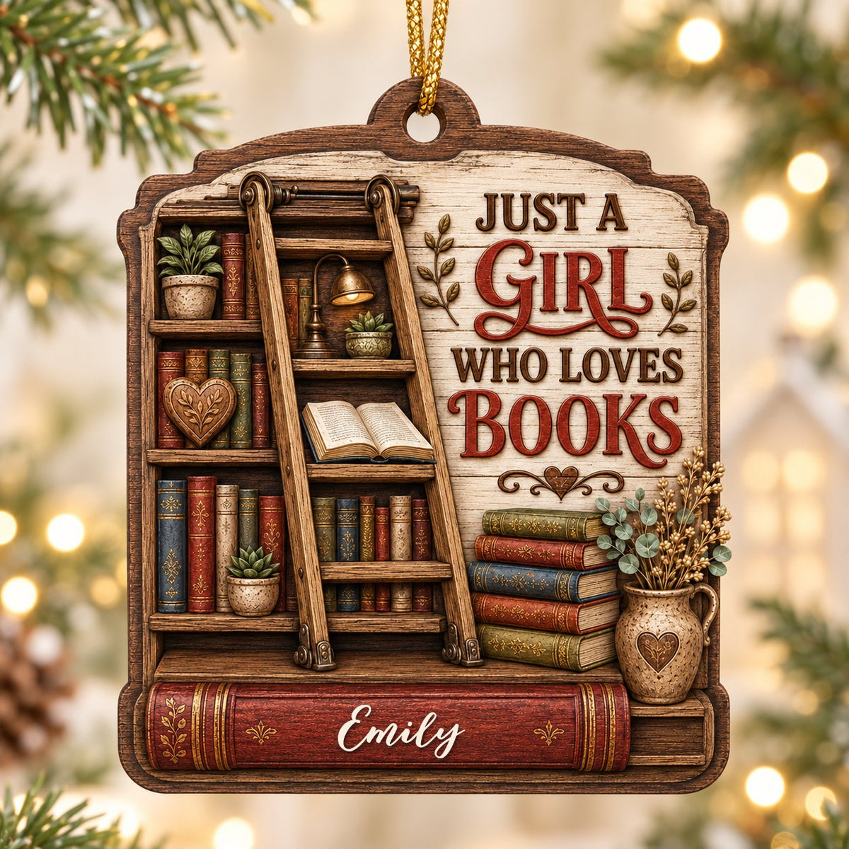 Arched wood ornament with bookshelf, ladder, and 'Just a Girl Who Loves Books' with a name on a red book spine.