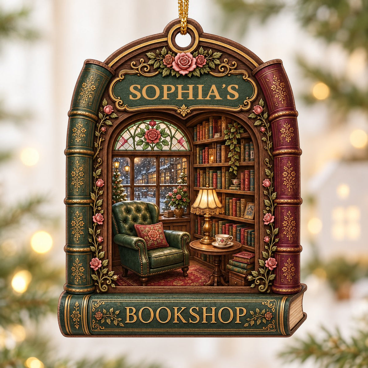 Arch-shaped wood ornament framed by book spines with BOOKSHOP and a cozy library scene with lamp and armchair.