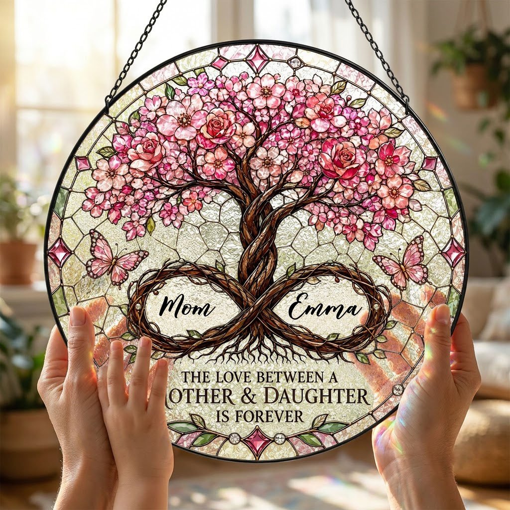 Round suncatcher with tree of life, pink blossoms, and 'THE LOVE BETWEEN A MOTHER & DAUGHTER IS FOREVER'