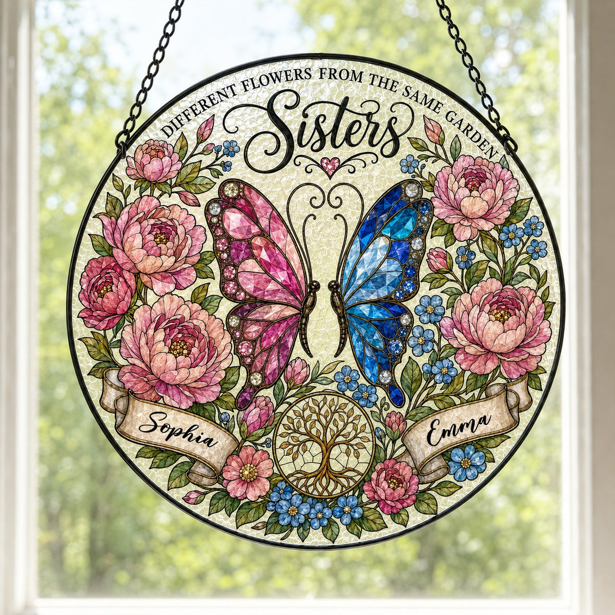 Round suncatcher with pink and blue butterfly, peony wreath, Tree of Life, and Sisters text with two name ribbons.