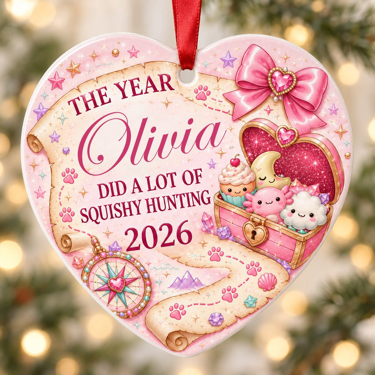 Heart ceramic ornament with a pastel treasure map, pink bow, compass, and a kawaii squishy-filled treasure chest.