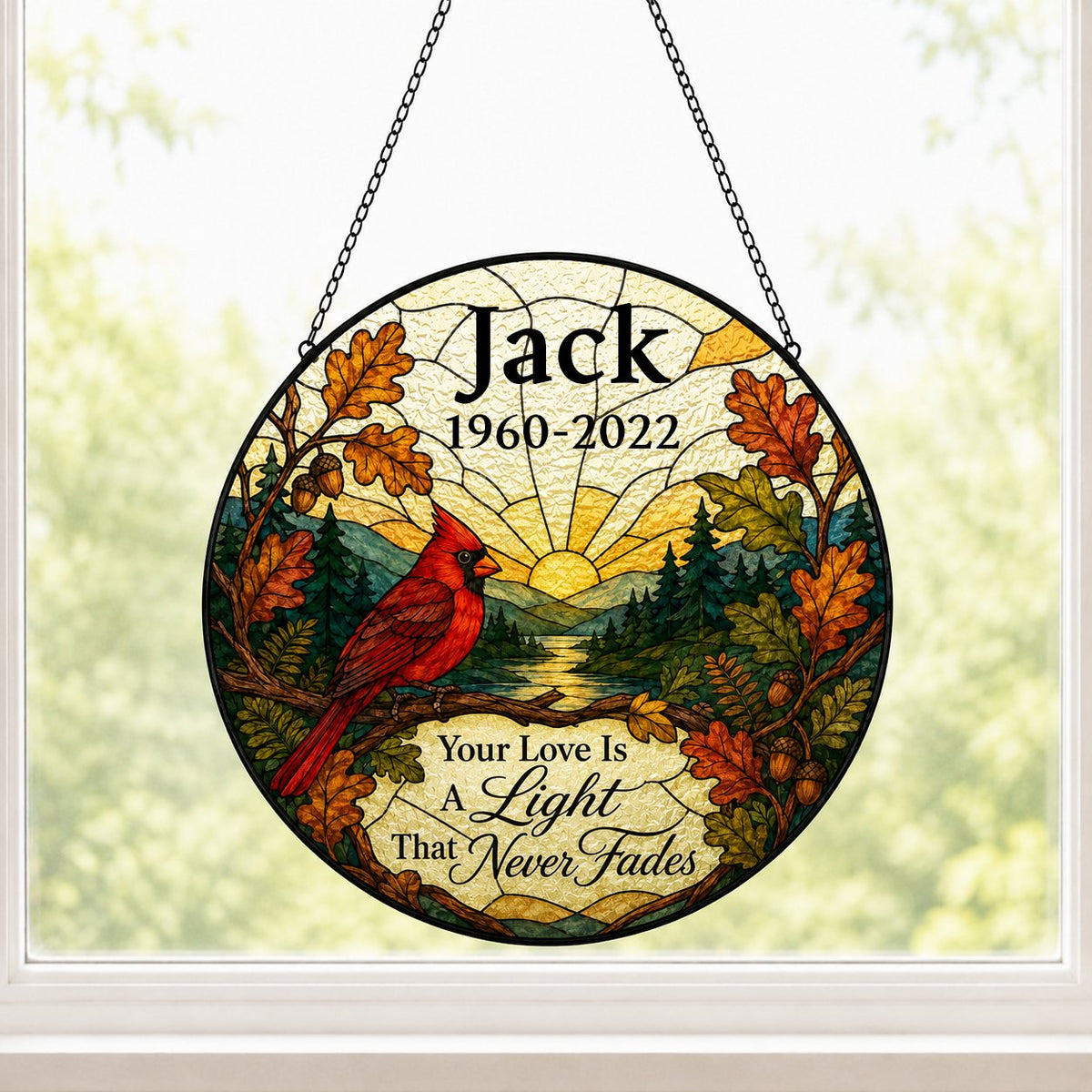 Round stained-glass style suncatcher with a red cardinal, oak leaves, mountains, a river and a radiant sun.