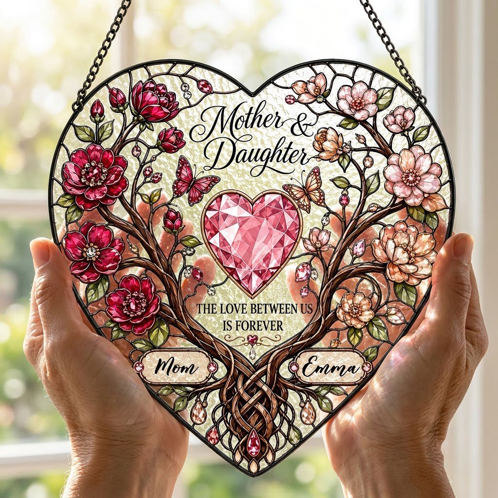 Heart-shaped stained-glass style suncatcher with intertwined trees, red and pink flowers, butterflies, and a pink gem he