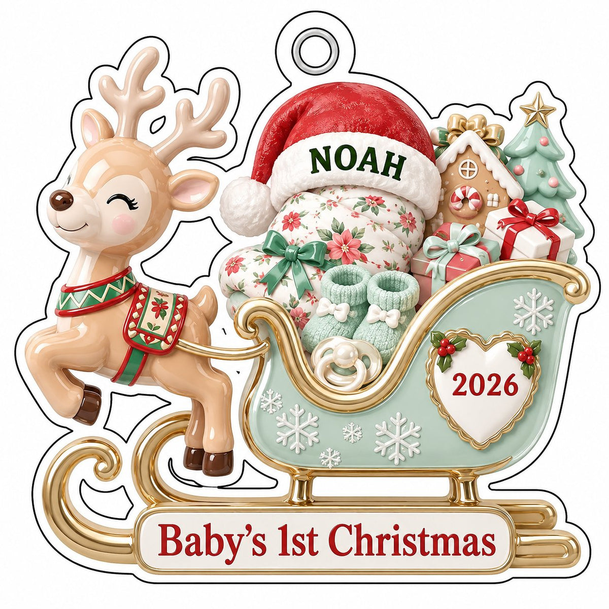 Acrylic ornament of a reindeer pulling a mint-green sleigh with a baby, gifts, and 'Baby's 1st Christmas' text.