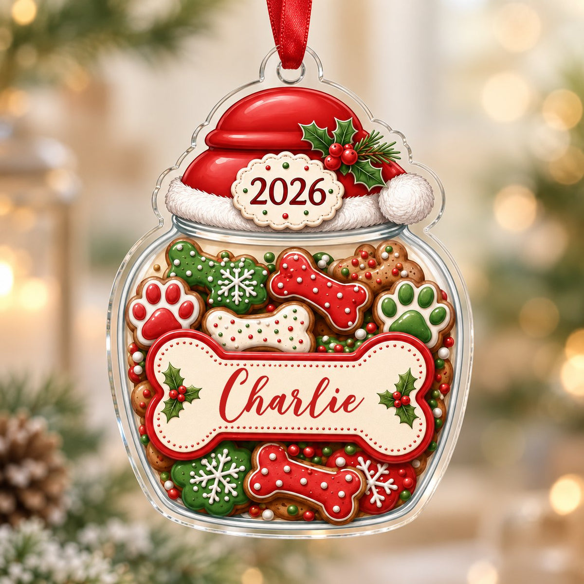 Custom-cut acrylic ornament shaped like a cookie jar with Santa hat, dog bone name plaque, and 2026 year badge.