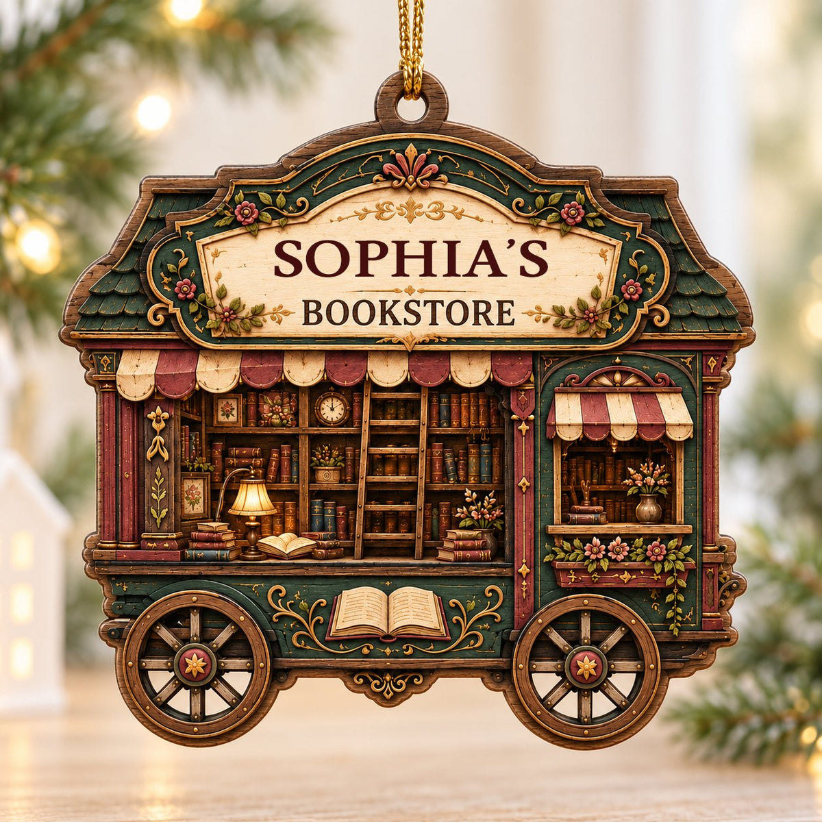 Custom-cut wood ornament shaped like a vintage bookstore wagon with books, ladder, and striped awnings.
