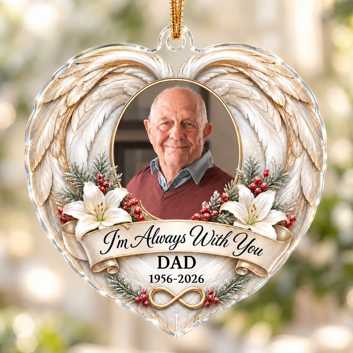 Heart-shaped acrylic ornament with angel wings, oval photo frame, white lilies, pine sprigs, red berries, and 'I'm Alway