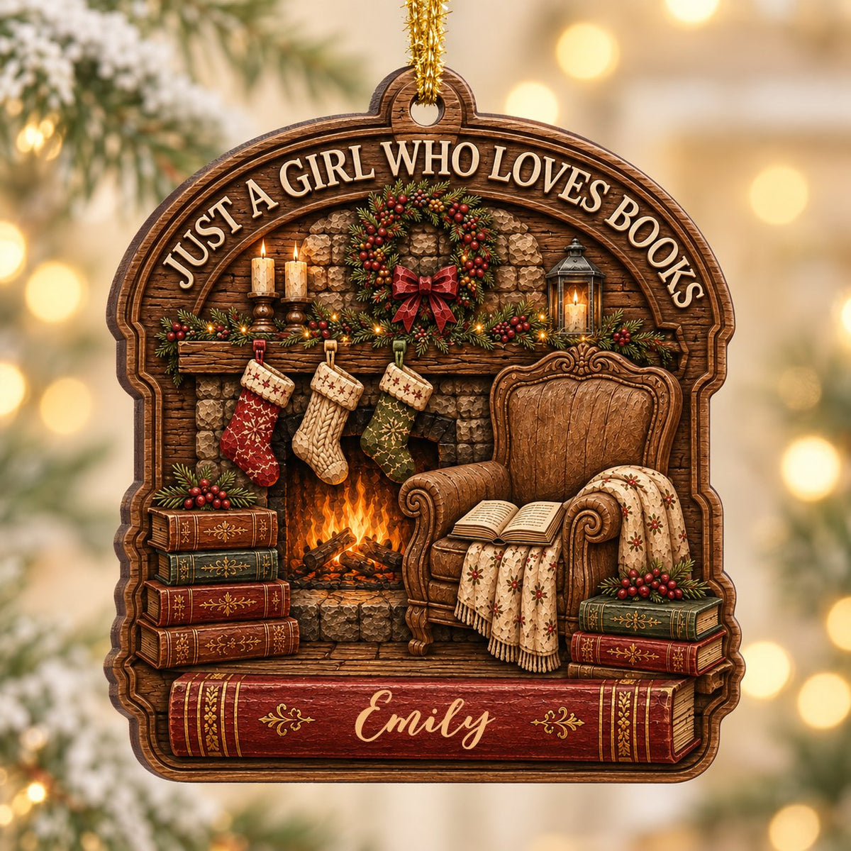 Wood ornament with fireplace, wreath, stockings, armchair and books, plus 'Just a Girl Who Loves Books' and a name.