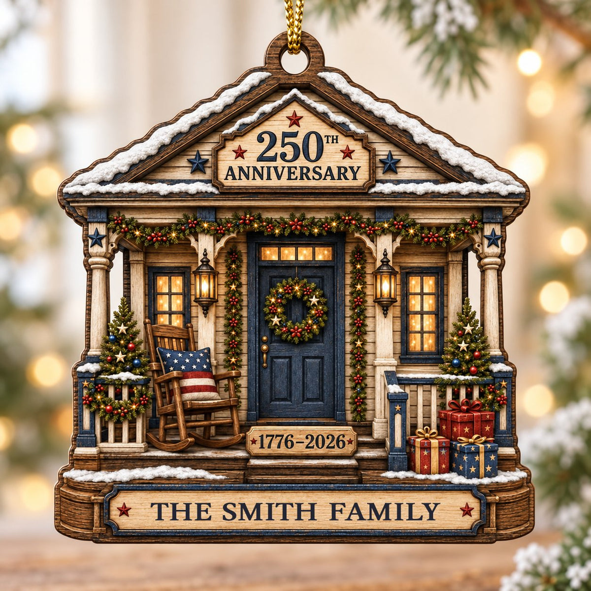 House-shaped ornament with patriotic porch, blue door, wreath, and '250TH ANNIVERSARY 1776-2026' text