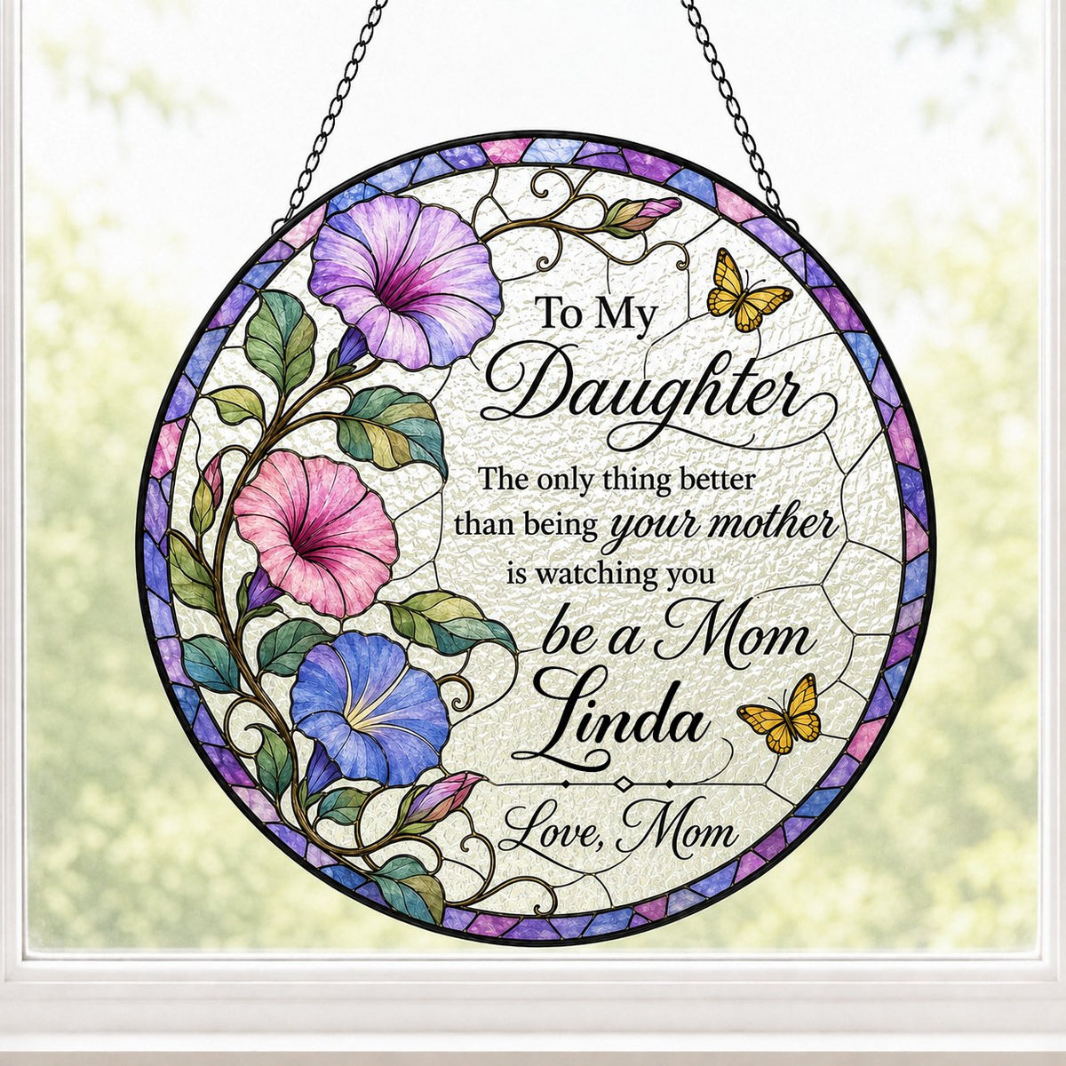Stained glass–style round suncatcher with three morning glories, two yellow butterflies, and a purple-blue mosaic border