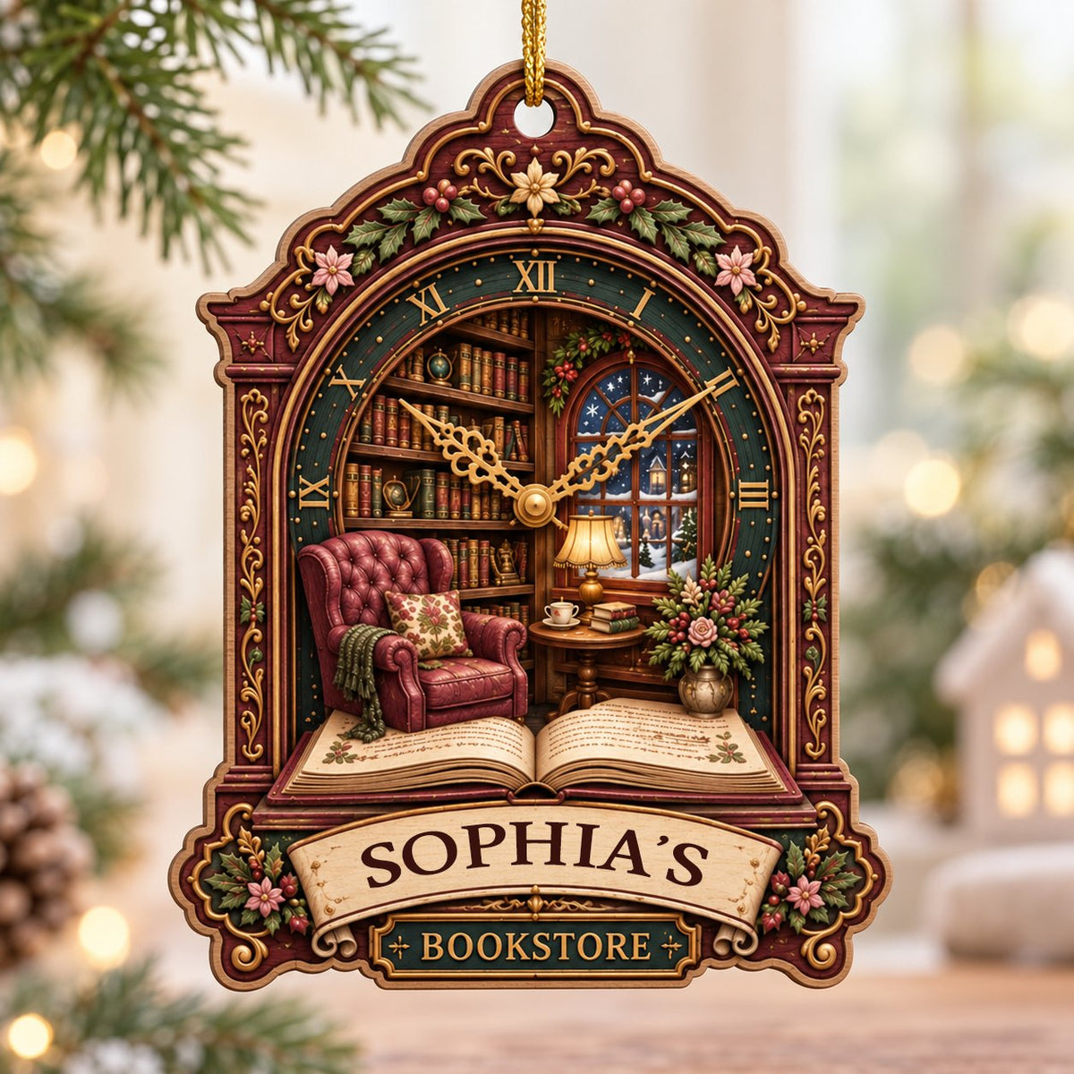 Ornate clock-shaped wood ornament with cozy bookstore scene, red armchair, bookshelves, arched window, and “BOOKSTORE” s