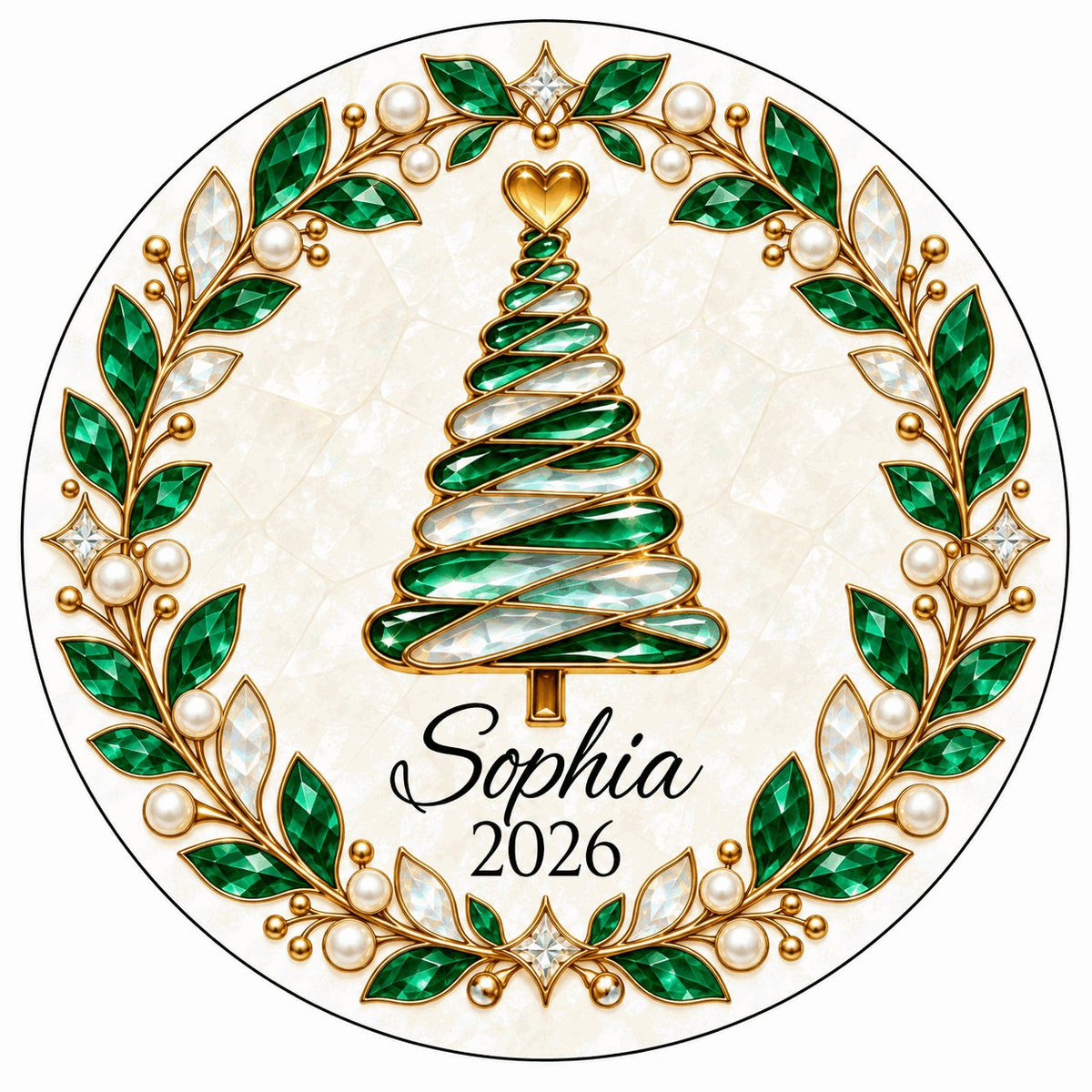 Round ceramic ornament with an emerald jeweled spiral Christmas tree and gold filigree wreath on cream.
