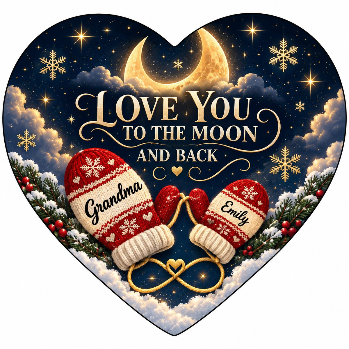 Heart ceramic ornament with golden crescent moon, red mittens, snowflakes and pine, personalized with two names.