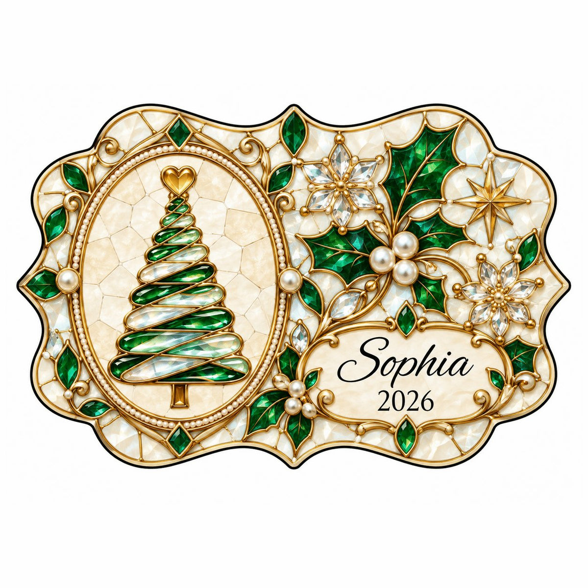 Scalloped ceramic ornament with emerald swirl tree, gold filigree, pearl accents, and a name-and-year cartouche.