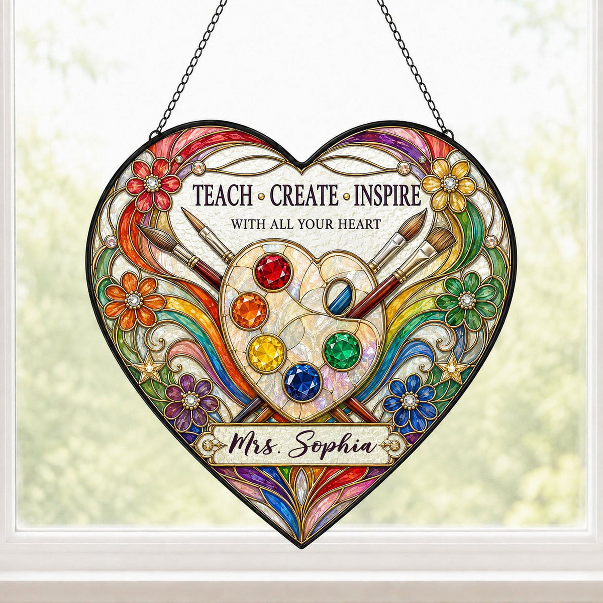 Heart-shaped stained glass suncatcher with palette, brushes, rainbow arcs, flowers and 'Teach • Create • Inspire'.
