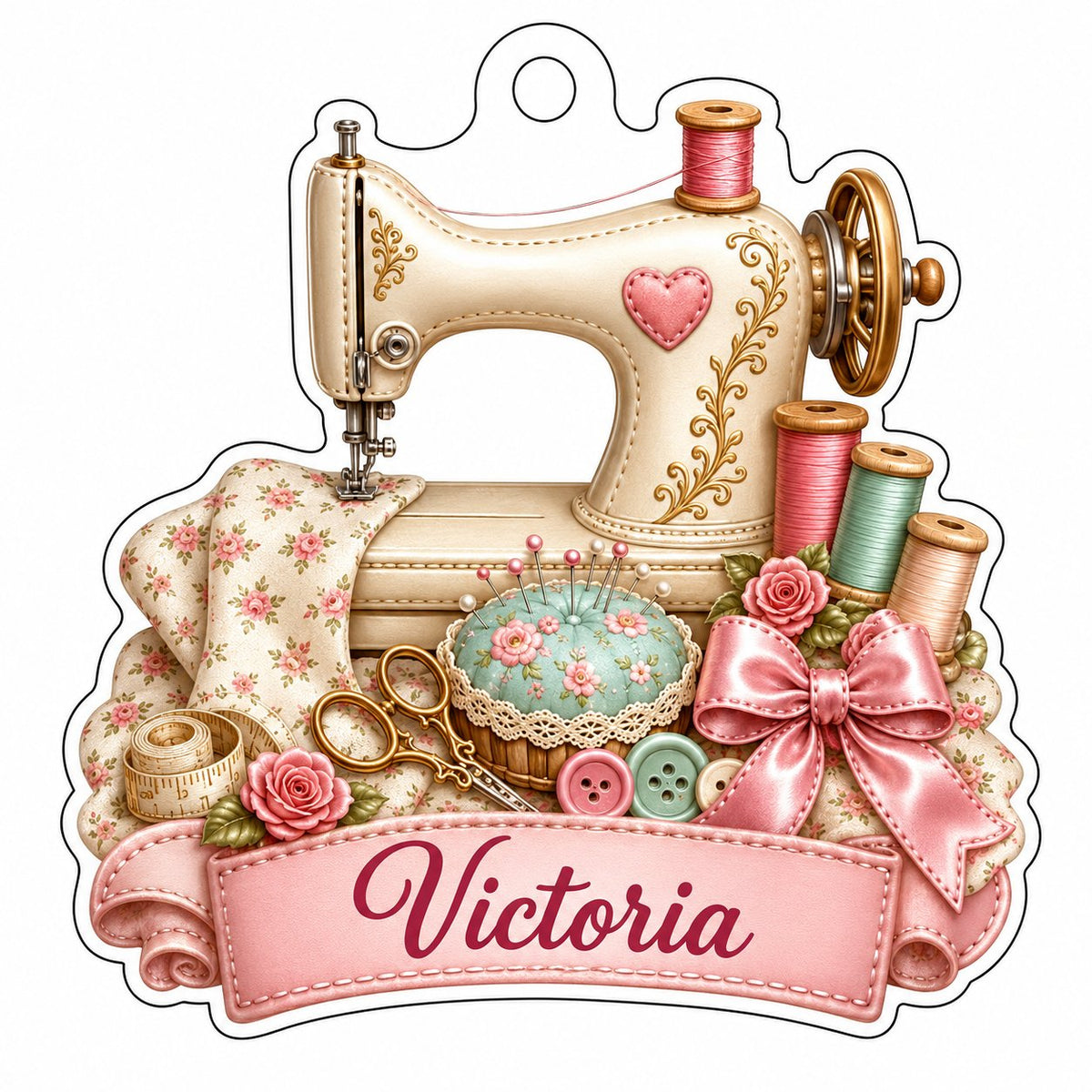Custom-cut acrylic ornament with vintage cream sewing machine, pink banner, roses, thread spools and scissors.