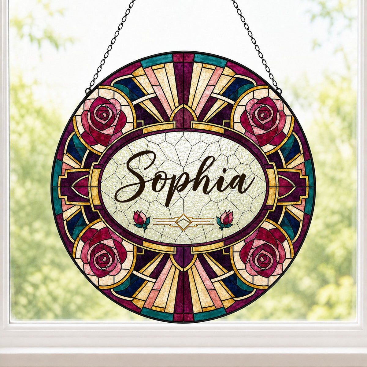 Round stained glass-style suncatcher with red and pink roses, a cream oval name panel, and black leaded lines.
