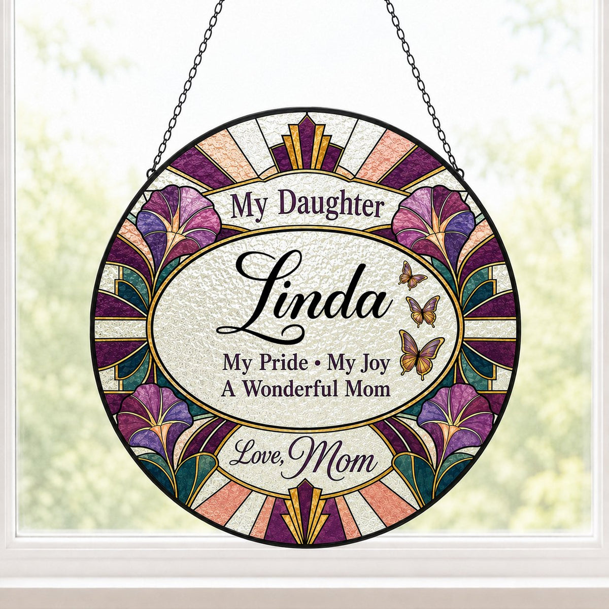 Round stained-glass style suncatcher with purple flowers, butterflies, and 'My Daughter' text.
