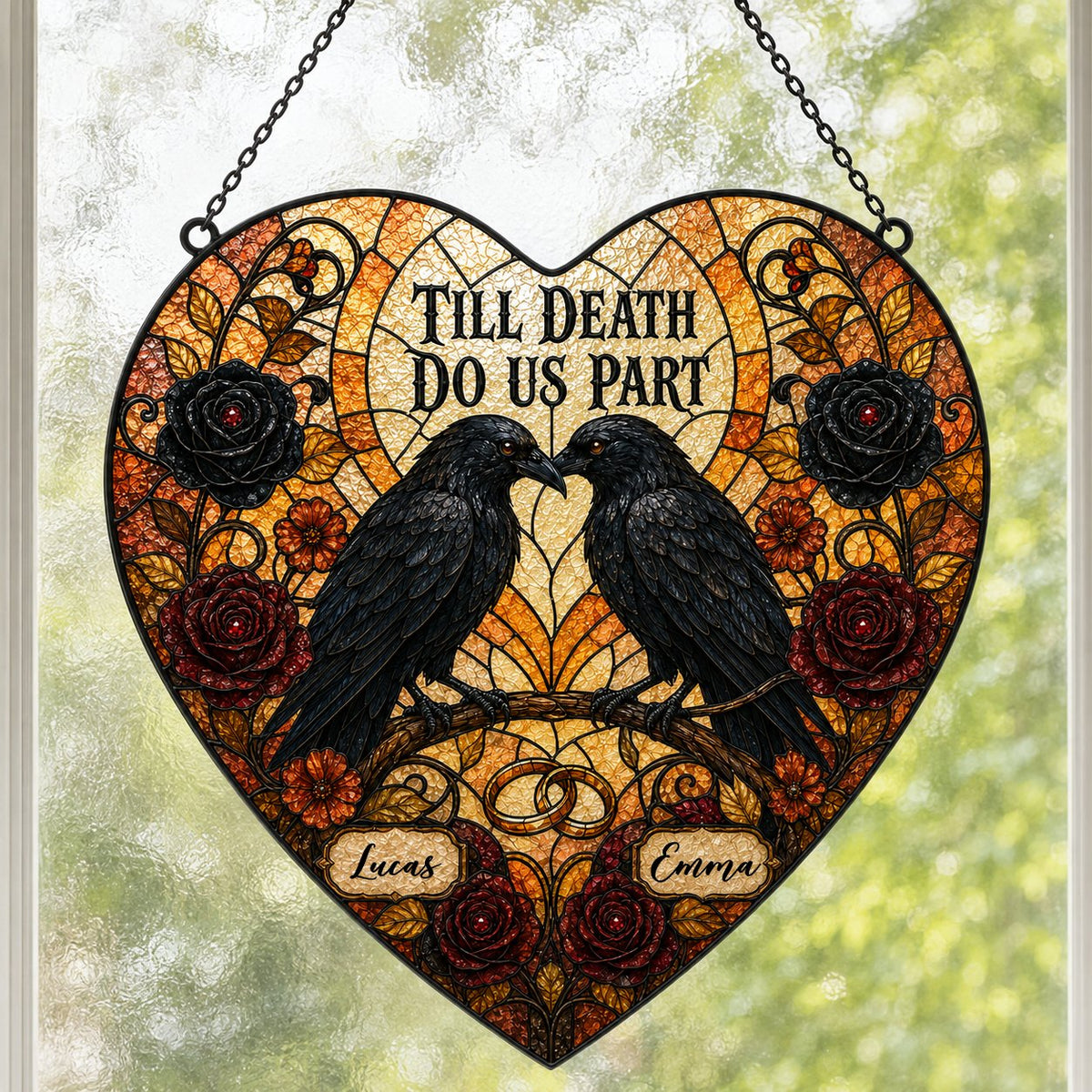 Personalized Gothic Raven Couple Till Death Do Us Part Heart Stained Glass Suncatcher