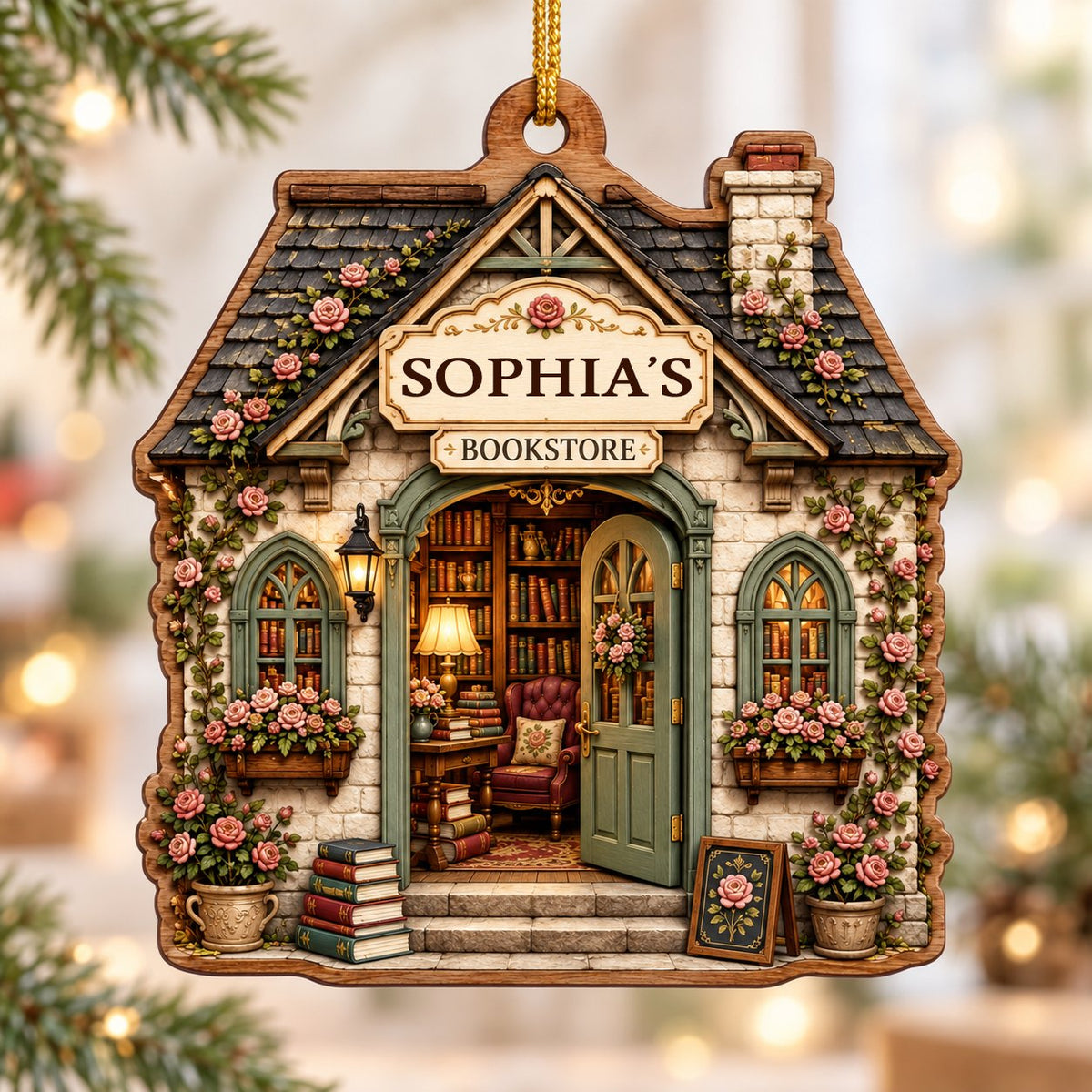 House-shaped wood ornament of a cozy bookstore with green door, rose vines, books, and a BOOKSTORE sign.