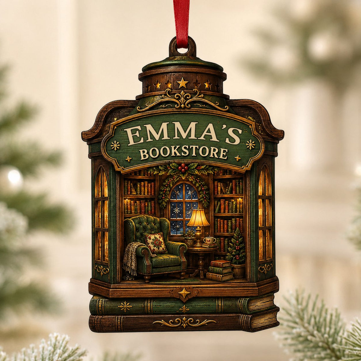 Custom-cut wood ornament like a vintage bookstore with a cozy library scene and a green BOOKSTORE sign.