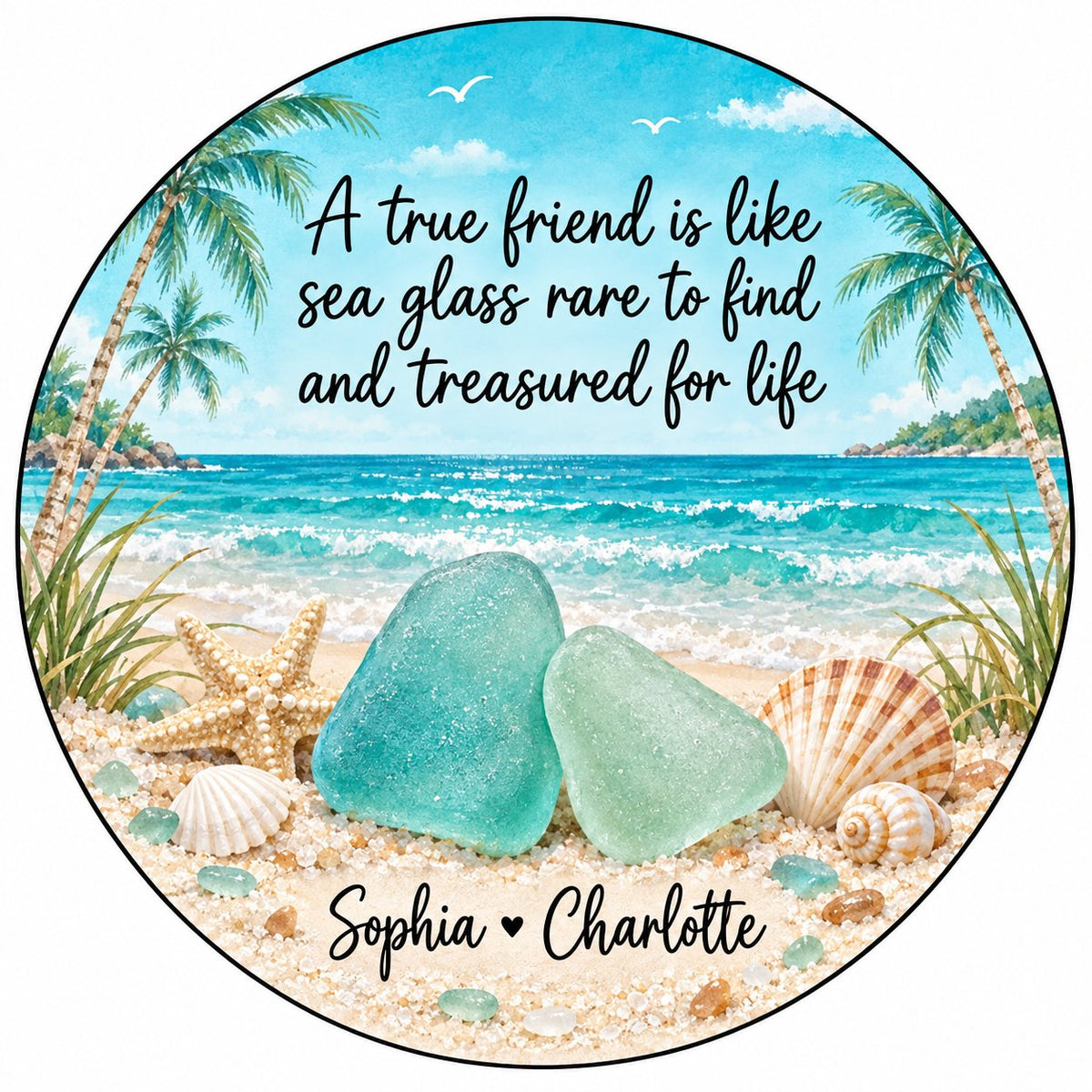 Round ceramic ornament with beach scene, palm trees, sea glass, shells, and a friendship quote with two names.