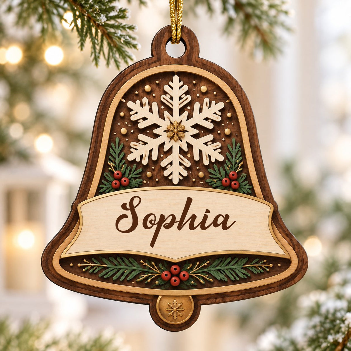 Personalized wooden bell ornament with snowflake, pine sprigs, red berries, and a name on the center banner.